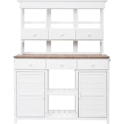 White Outdoor Potting Bench with Hutch,65.7 Tall