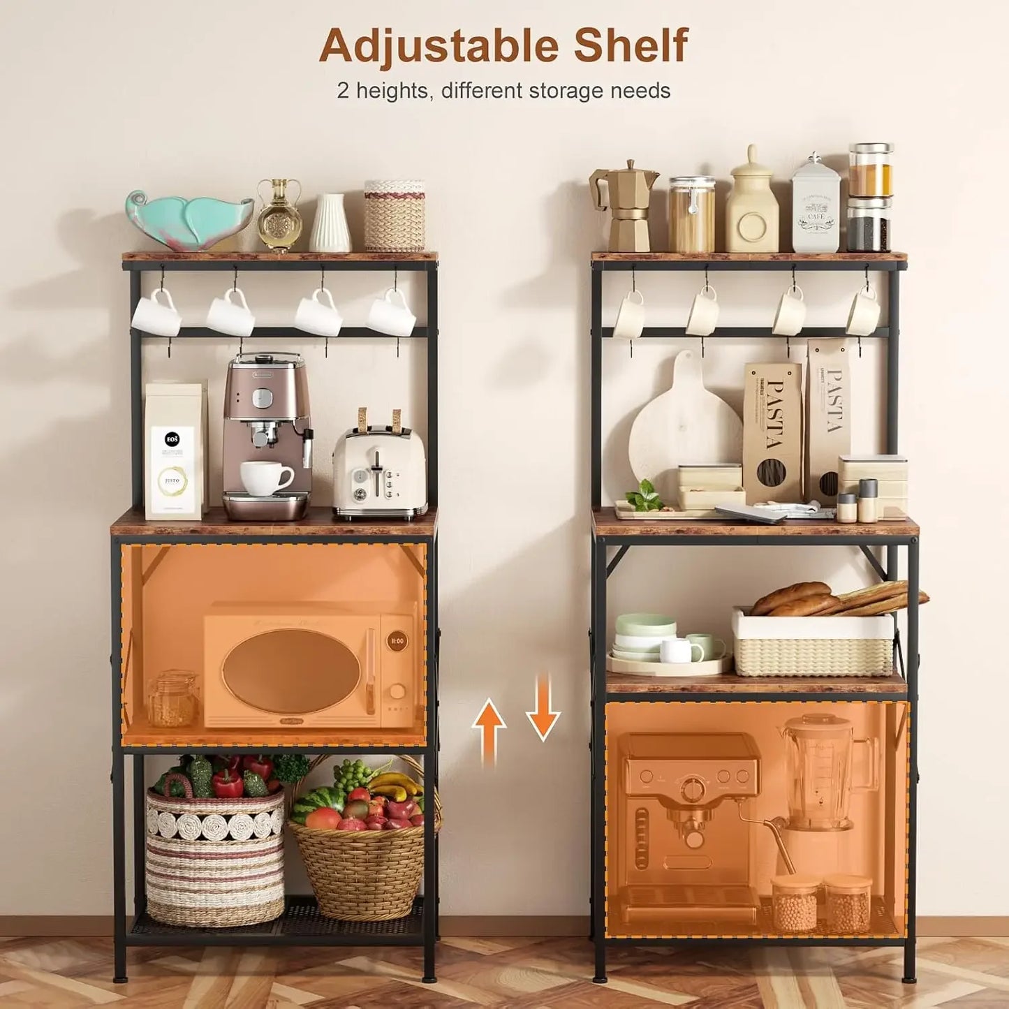 Bakers Rack with Storage Shelves, Small Coffee Bar