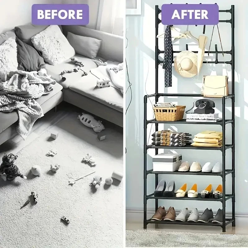 Entryway Coat Rack, Shoe Rack, with 4-Tier Storage Shelves and 8 Double Hooks