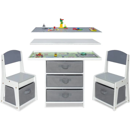 3-in-1 Wooden Play Table and Chair Set with Storage