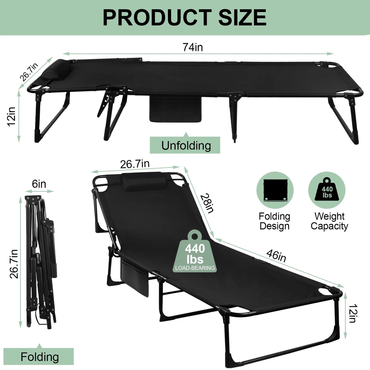 Portable Folding Camping Cot - 3-Position Adjustable