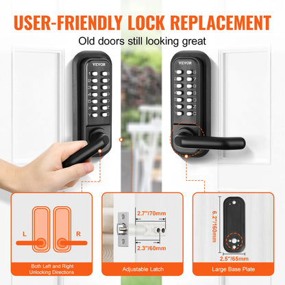 Mechanical Keyless Entry Door Lock Single/Double -Sided 14 Digit Keypad and Handle Embedded