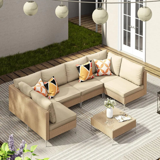 7 Pieces Wicker Patio  Set, Sectional Sofas with Cushions and Glass-top Tea Table