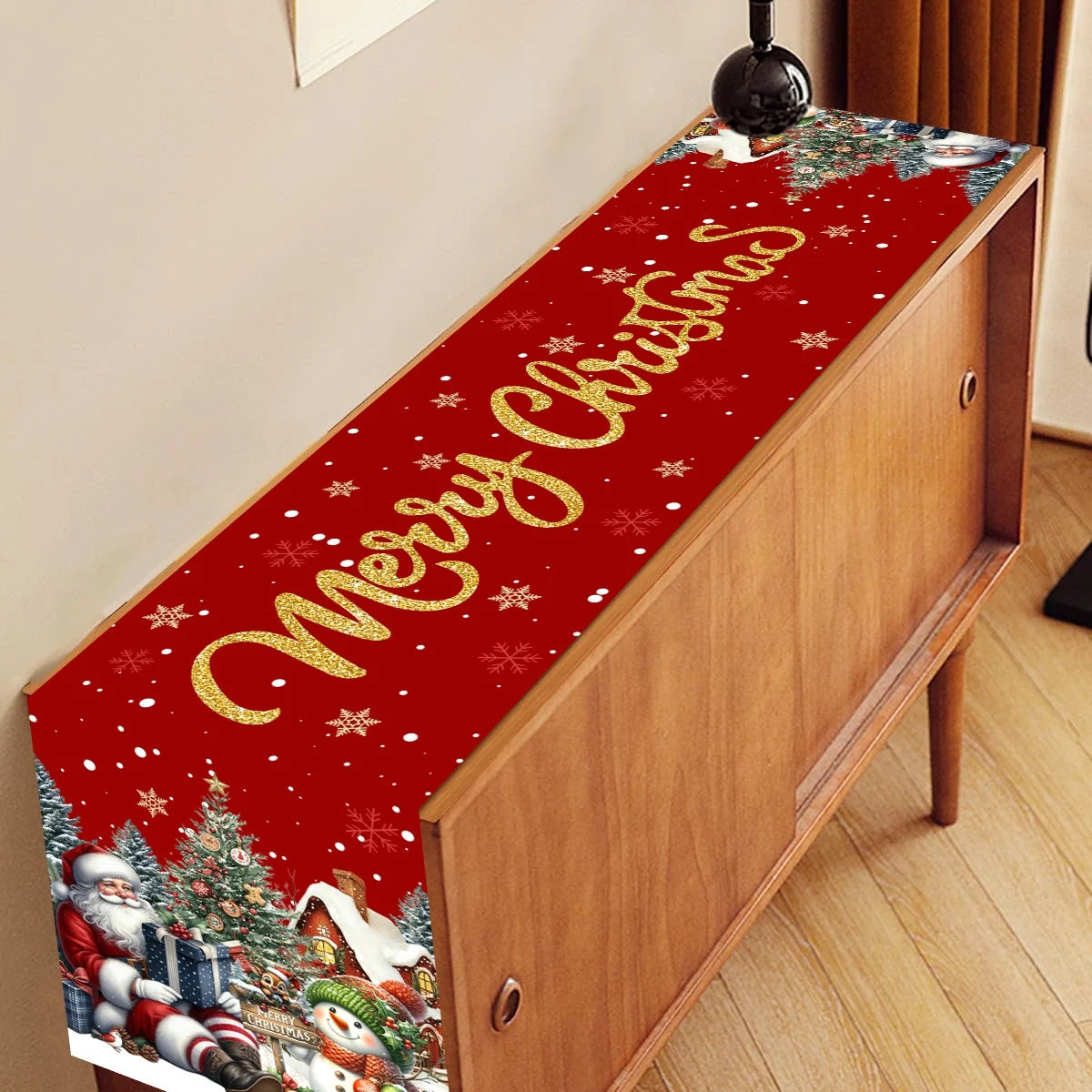 Red Christmas Santa Snowman Table Runner
