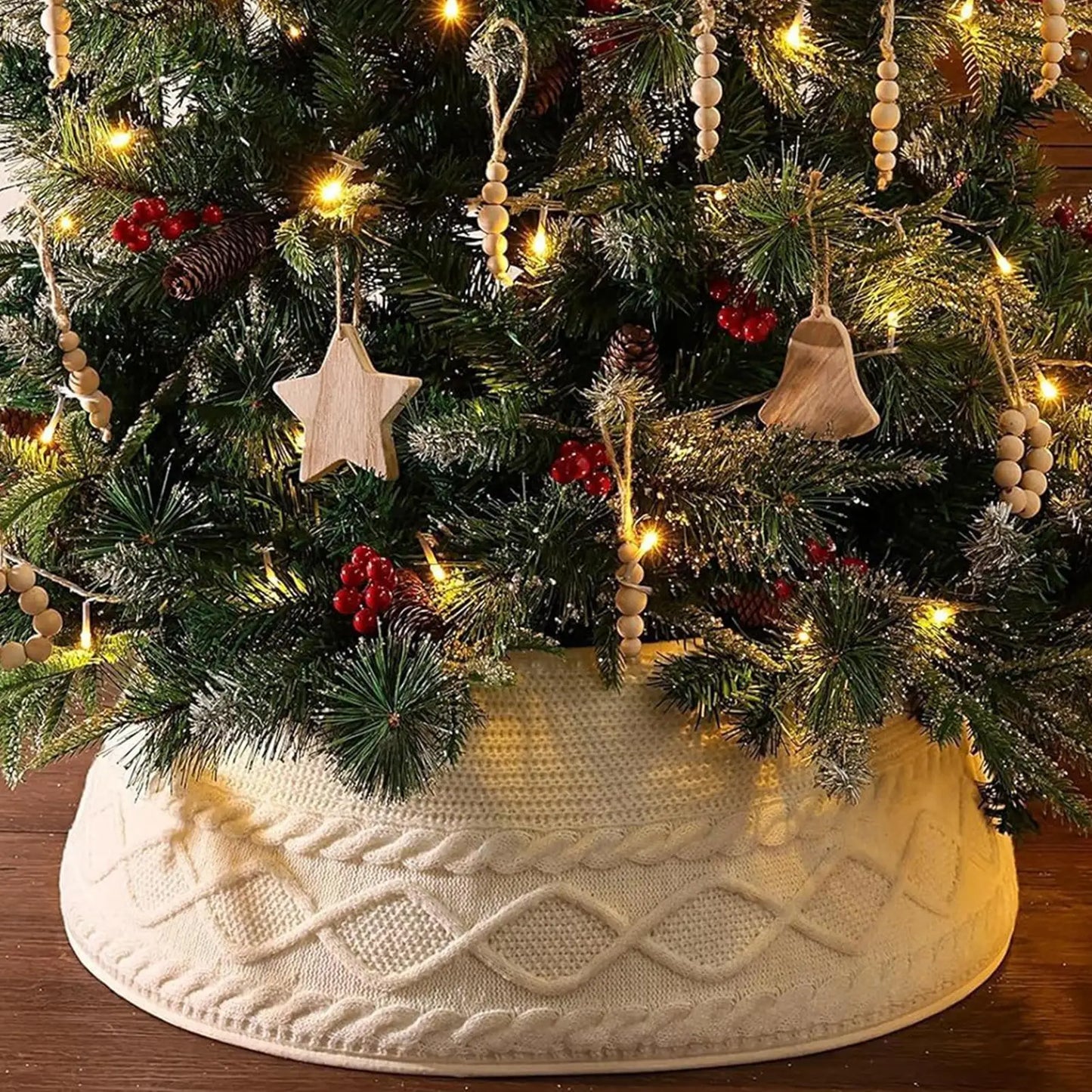 Knitted Christmas Tree Collar Cream White Rustic Farmhouse