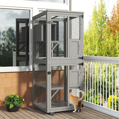 Cat Outdoor Enclosure, 4 Tiers Cat Playen  with Wheels