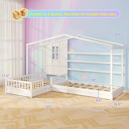 L Shaped Twin Beds for Kids Double, Wooden, Fence & Slats
