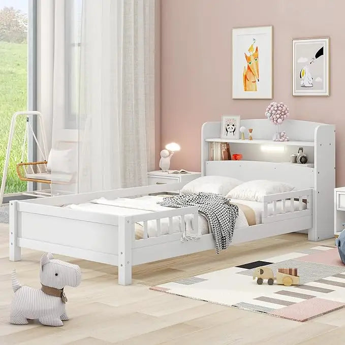 Low Platform Twin Bed with Guardrails, Headboard and Footboard