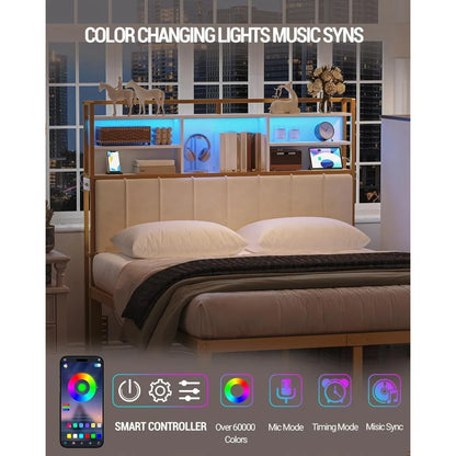 Velvet-Covered Headboard with 3-Tier Storage,