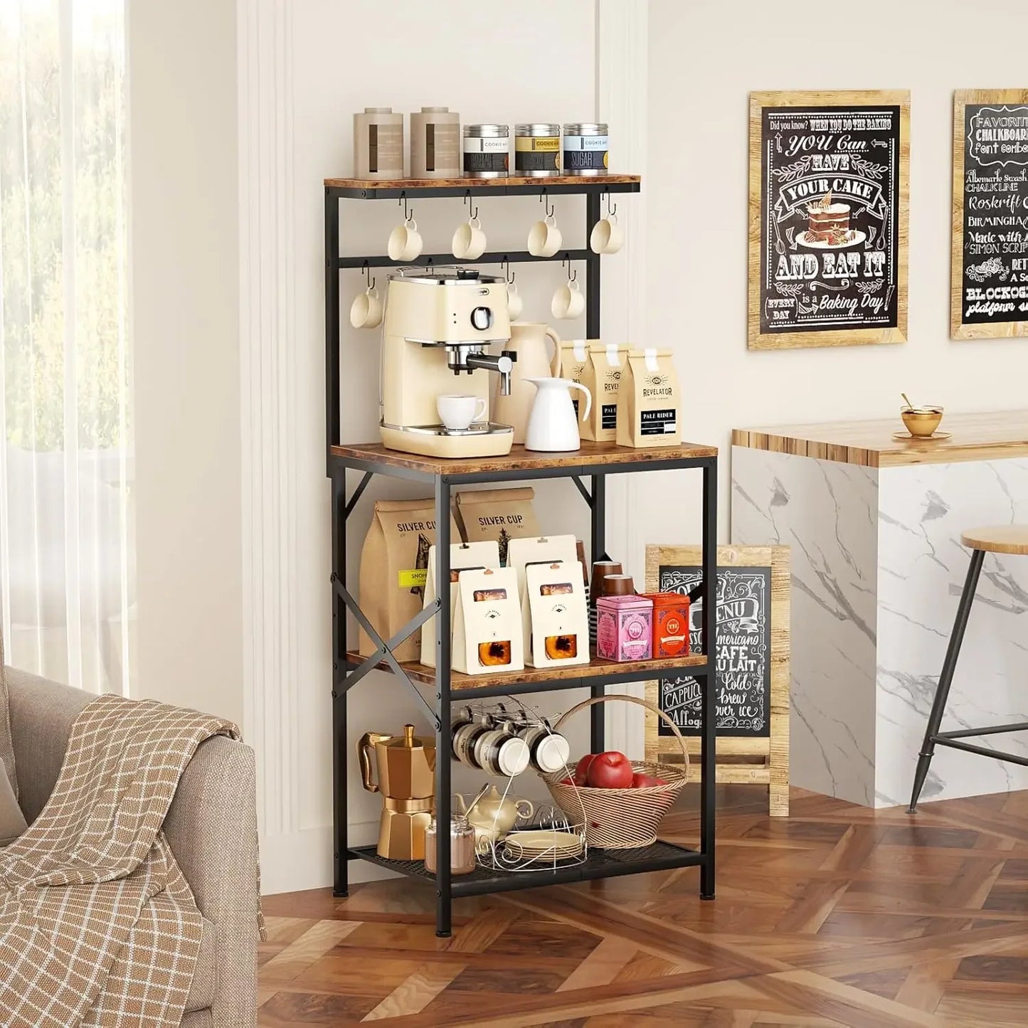Bakers Rack with Storage Shelves, Small Coffee Bar