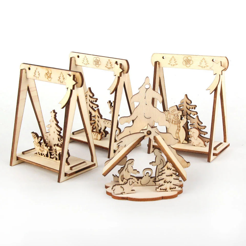 4PCS/Lot DIY Creative Mini Hollow Christmas Wooden Ornaments