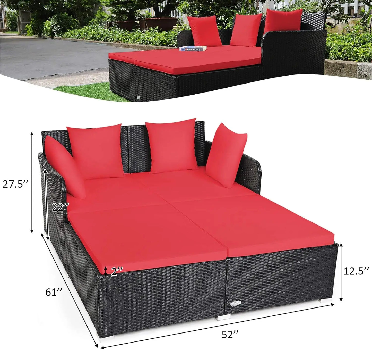 Outdoor Rattan Daybed, Sunbed Wicker Furniture w/Spacious Seat