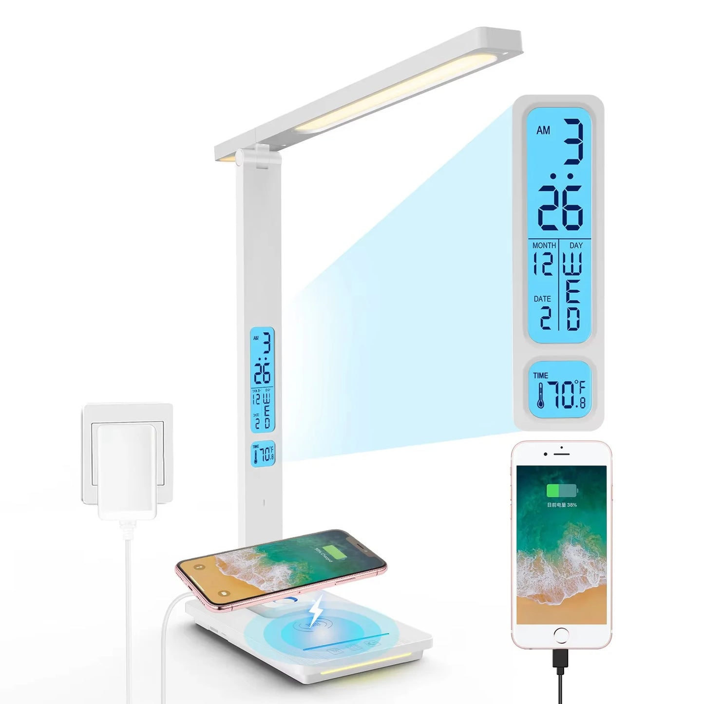 10W QI Wireless Charging LED Desk Lamp USB Charging Port Sliding Dimmable Auto Timer with Night Light Table Lamp