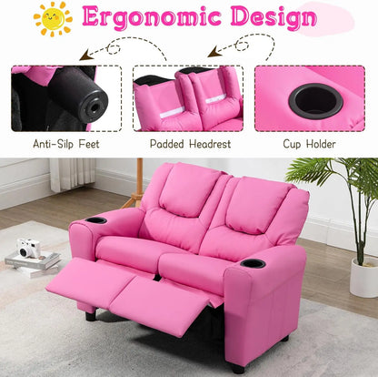 Kids Recliner Chair, PU Leather Sofa with Cup Holder