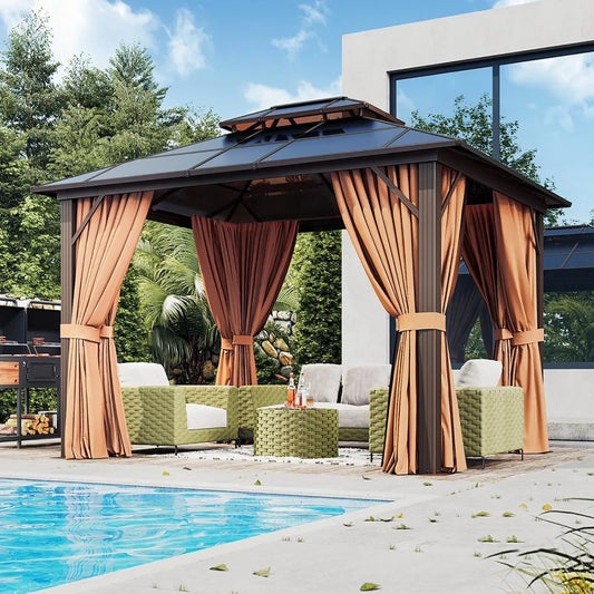 10x12ft Hardtop Gazebo with Double Roof, Aluminum Frame, Netting & Curtains