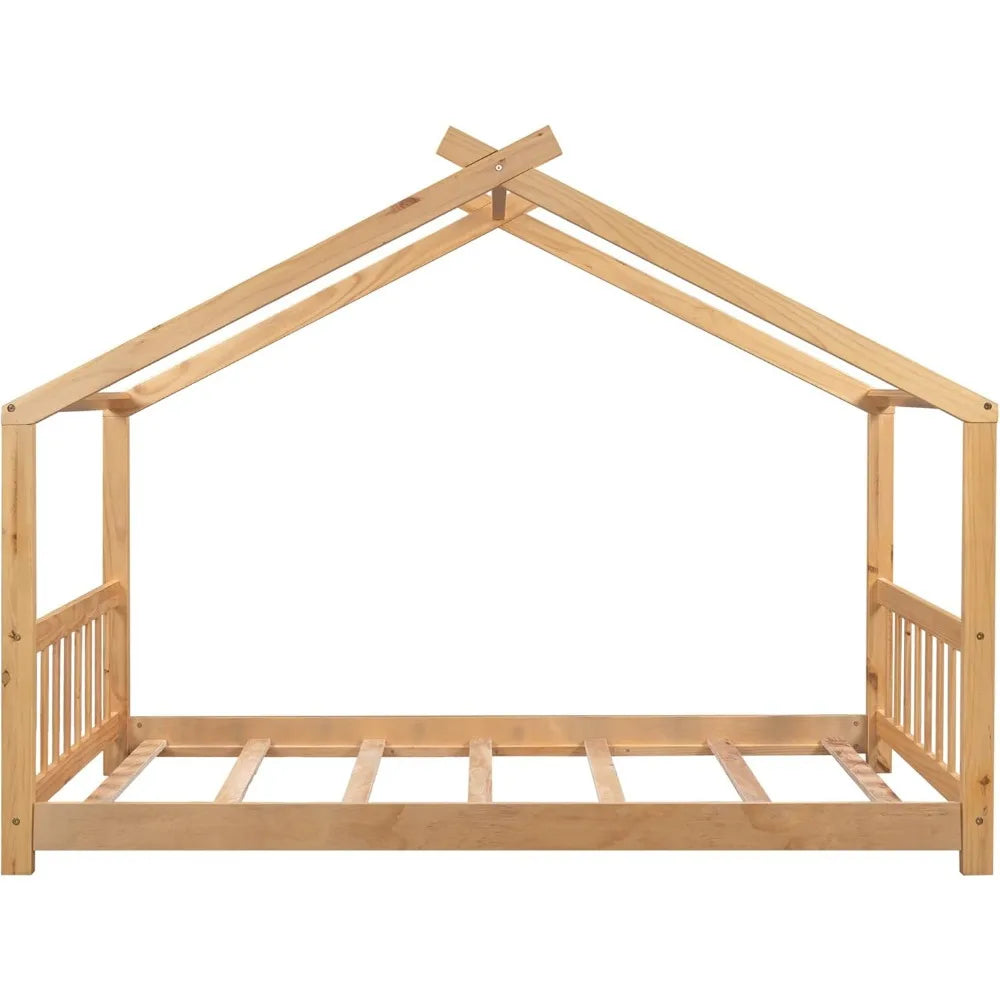 Floor House Bed Frame Twin Size with Headboard & Footboard