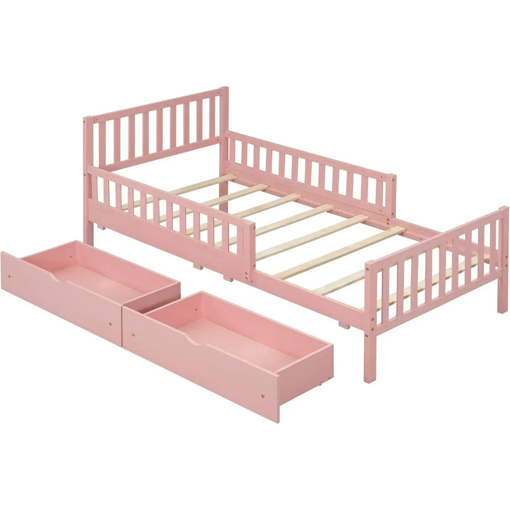 Low Platform Twin Bed with Guardrails, Headboard and Footboard