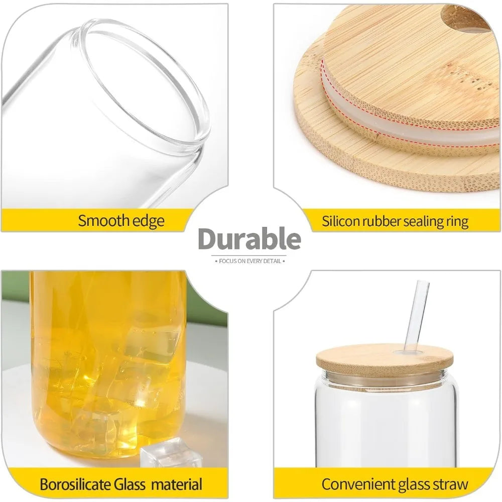 20 Pack Glass Cups with Bamboo Lids and Glass Straw 16oz