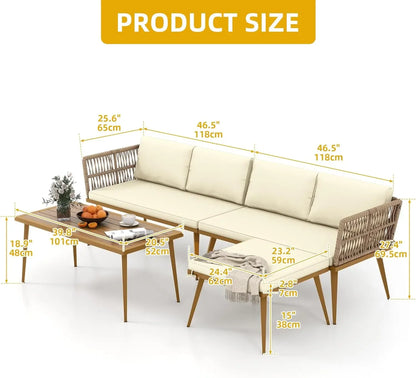 4 Pieces Patio Furniture Set, Sectional L-Shaped Sofa, All-Weather Rattan Woven Conver