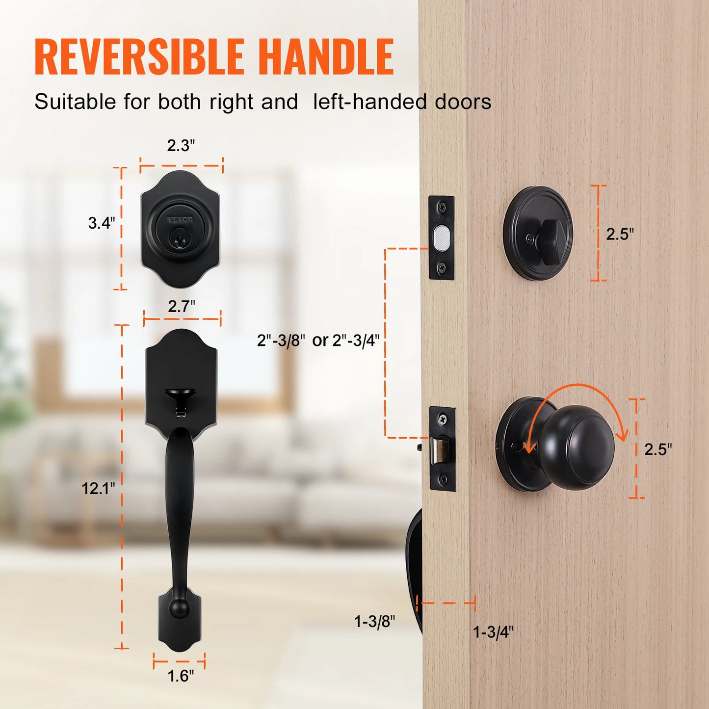 Front Door Handle Deadbolt Set with Interior Knob Adjustable Hole Spacing