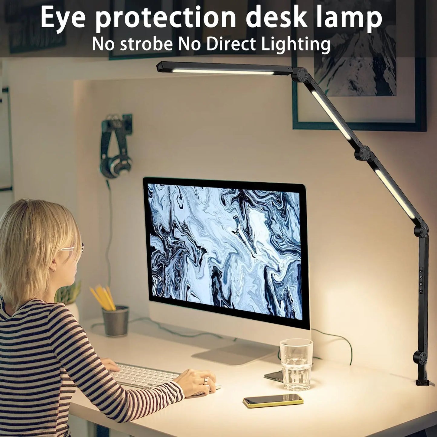 LED Desk Lamp with Clamp Flexible 4 sections Swing Arm Three light sources