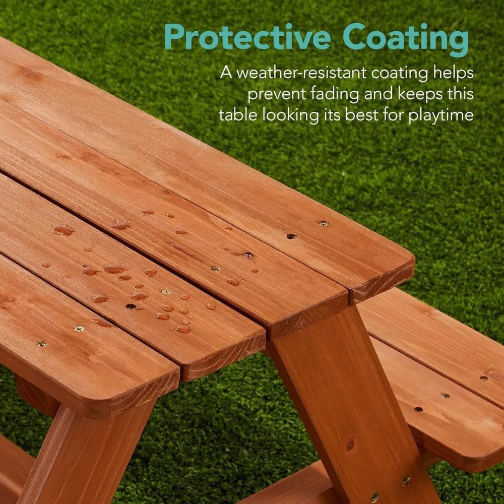 Kids Wooden Picnic Table w/Adjustable Collapsible Umbrella