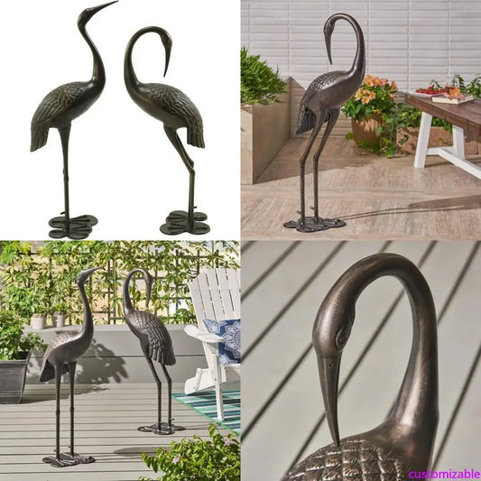 Handcrafted Aluminum Crane Statues in Dark Bronze Finish