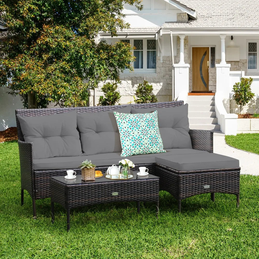 Patio 3PCS Rattan Furniture Set 3-Seat Sofa Cushioned Table Garden Gray