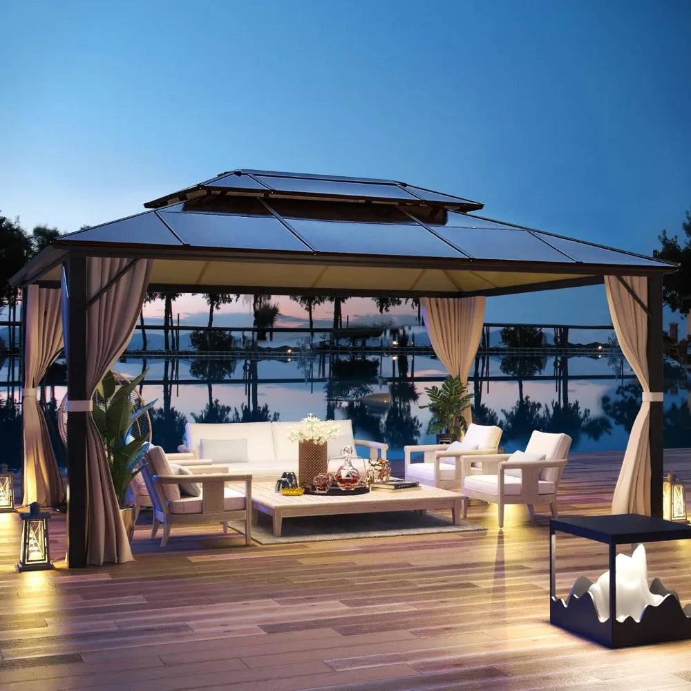 12x16ft Hardtop Gazebo, Double Roof Aluminum Frame with Curtains