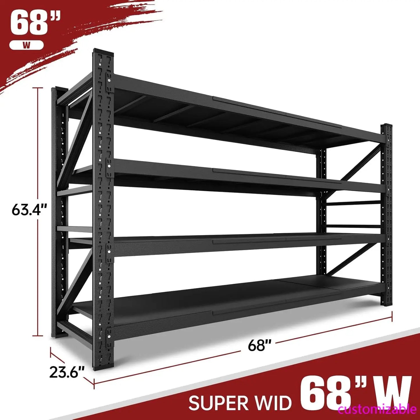 68" W x 24" D x 63.4" H, W Garage Shelving Heavy Duty Metal Adjustable