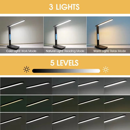10W QI Wireless Charging LED Desk Lamp USB Charging Port Sliding Dimmable Auto Timer with Night Light Table Lamp
