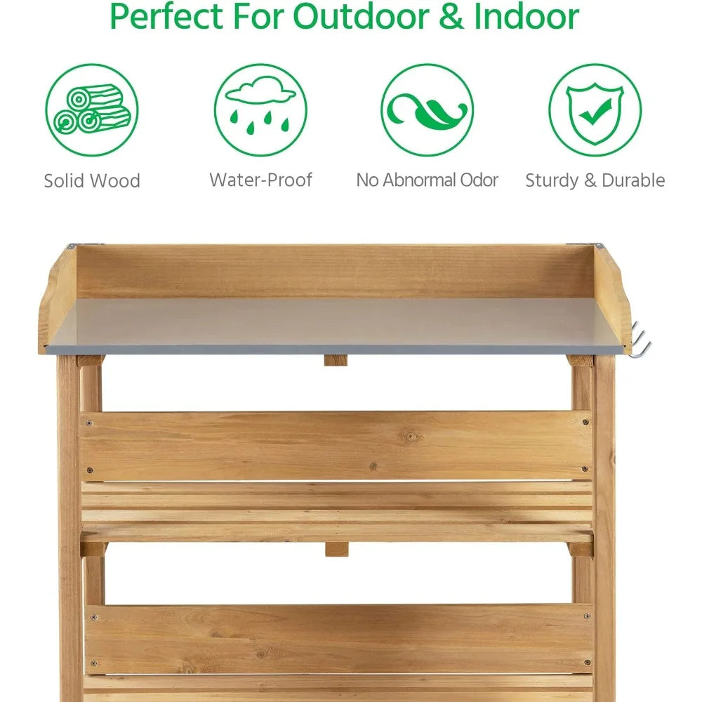 Potting Bench Table wMetal Tabletop for Garden