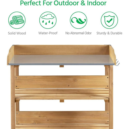 Potting Bench Table wMetal Tabletop for Garden
