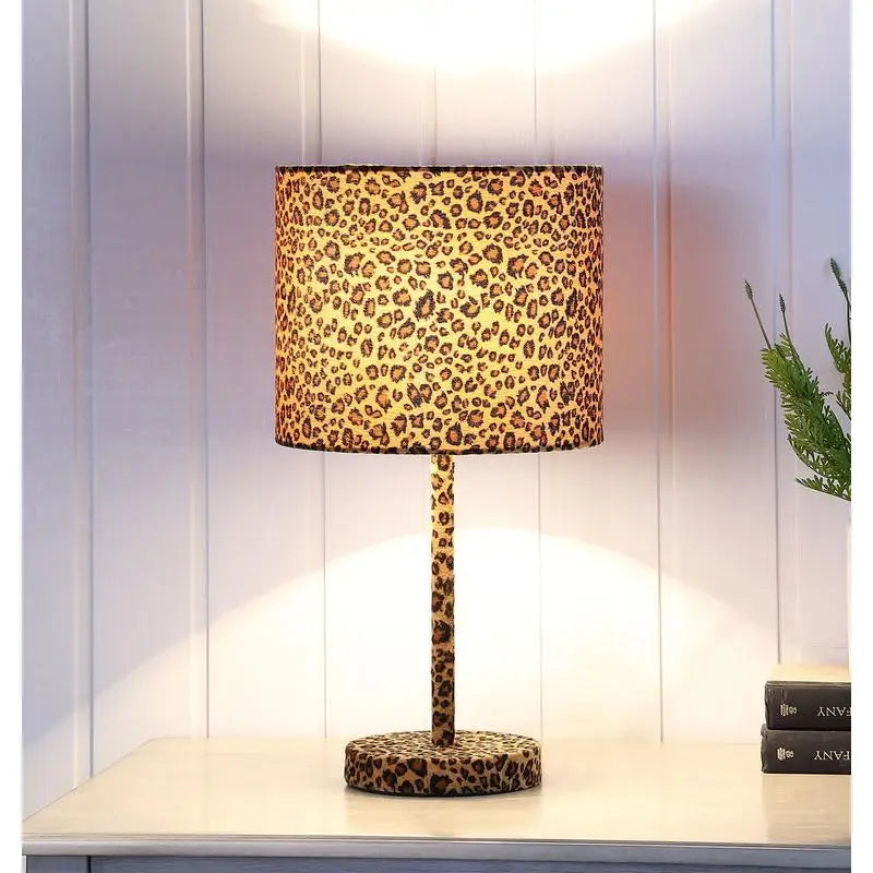 19.25 Inch Faux Suede Leopard Print Metal Table Lamp