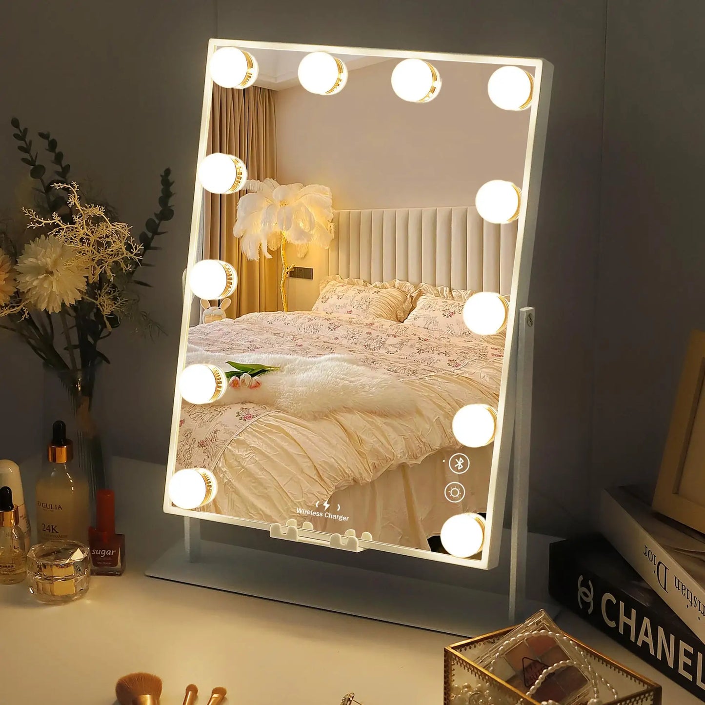 White Vanity Mirror with Lights Wireless Charger Bluetooth Speaker