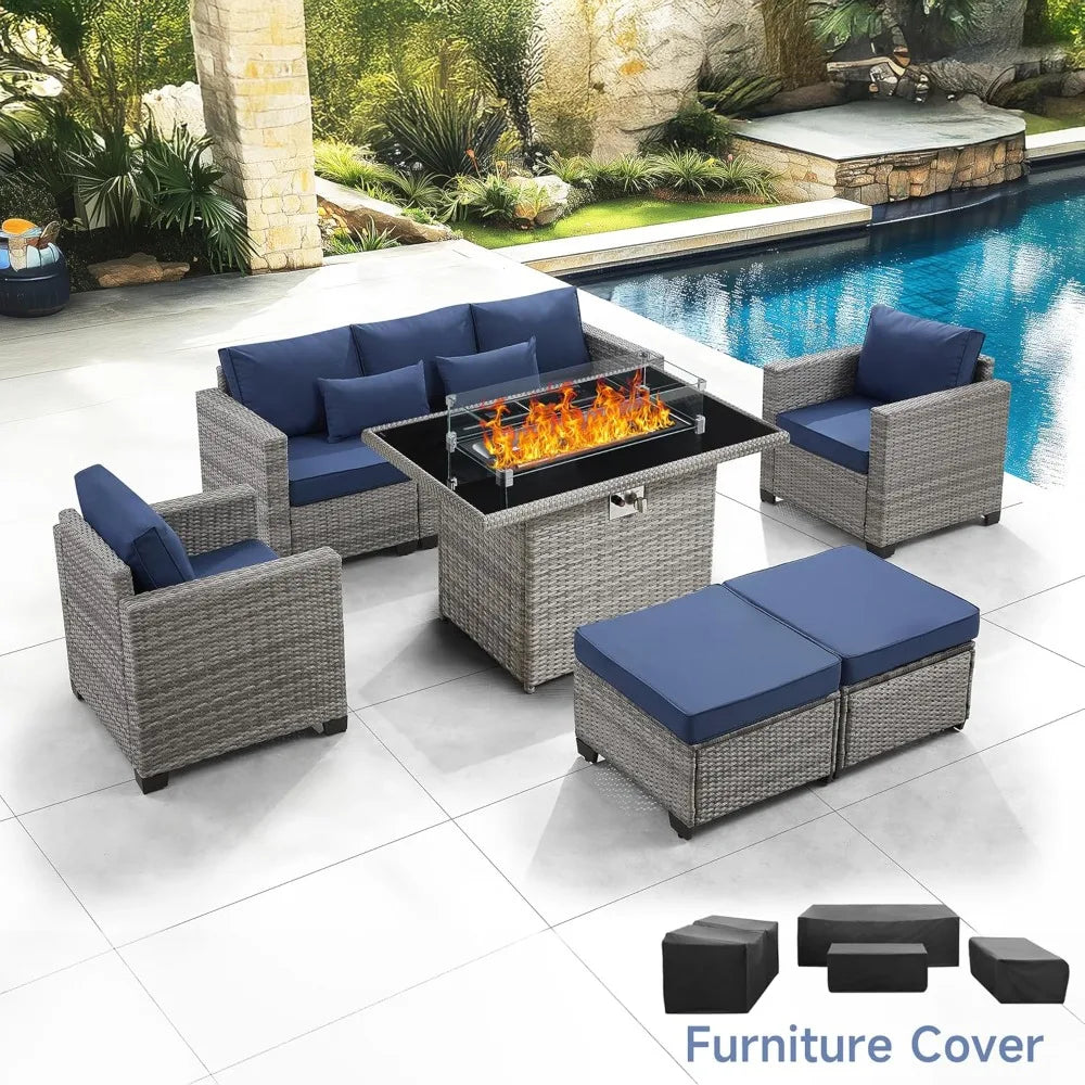 6-Piece Outdoor Patio Set with Fire Pit Table, 60000 BTU Propane Heater (Royal Blue)