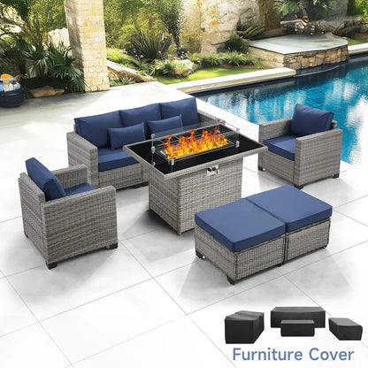 6-Piece Outdoor Patio Set with Fire Pit Table, 60000 BTU Propane Heater (Royal Blue)