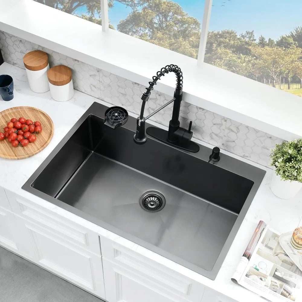 33x22 Inch Drop In Kitchen Sink and Faucet Combo Black Stainless Steel