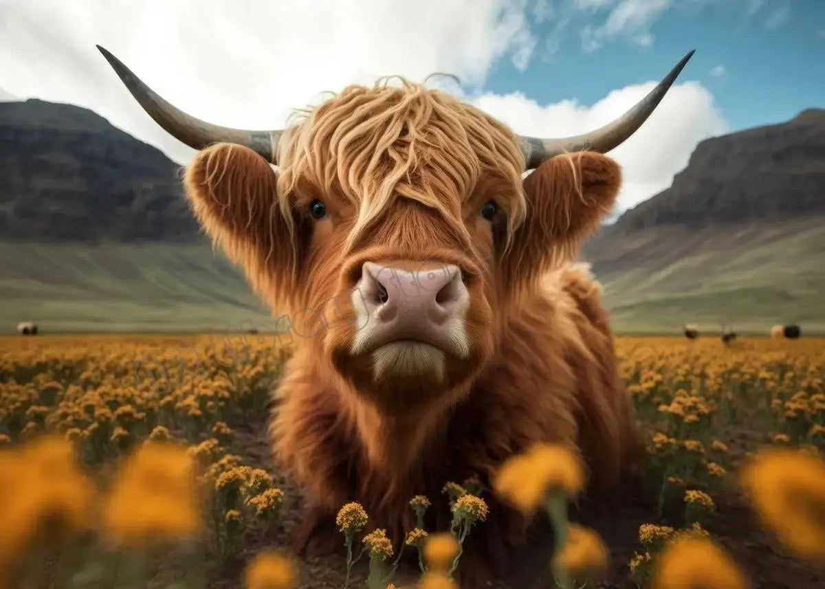 Scottish Highland Cow Floral Portrait Canvas Wall Art
