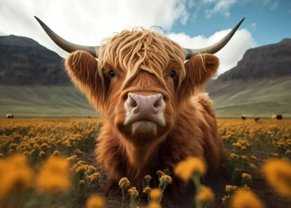 Scottish Highland Cow Floral Portrait Canvas Wall Art