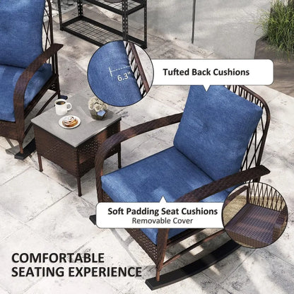 3 Piece Wicker Patio Set with Rattan Rocking Chairs Coffee Table and Cushions