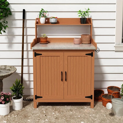 Wooden Garden Potting Table with Metal Tabletop and Removable Shelf