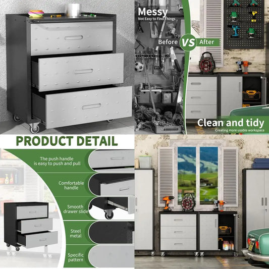Heavy-Duty Rolling Metal Tool Cabinets with 3 Drawers