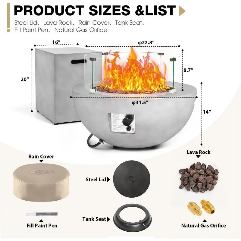 Propane Fire Pit Table with Tank Cover Wind Guard, 3 Pieces Morden Gas Fire Pits for Outside Patio w/Squ