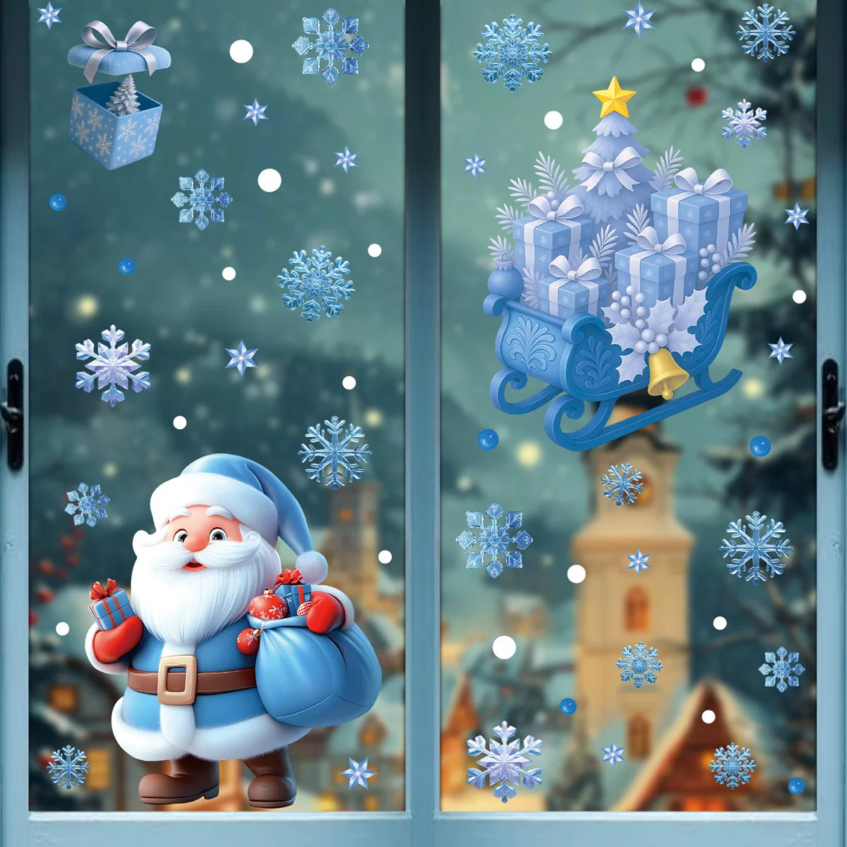 Window Stickers Cartoon Santa Snowmen Bells Static Glass
