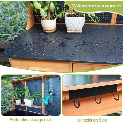 Wooden Garden Potting Bench with Metal Top, Drawer & Storage (Black, 44x20x63)