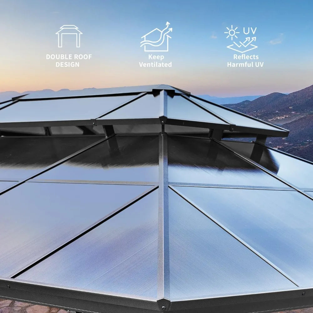 12x16ft Hardtop Gazebo, Double Roof Aluminum Frame with Curtains
