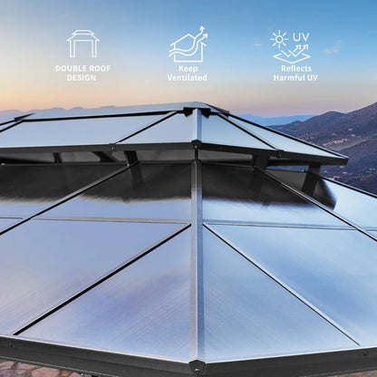 12x16ft Hardtop Gazebo, Double Roof Aluminum Frame with Curtains