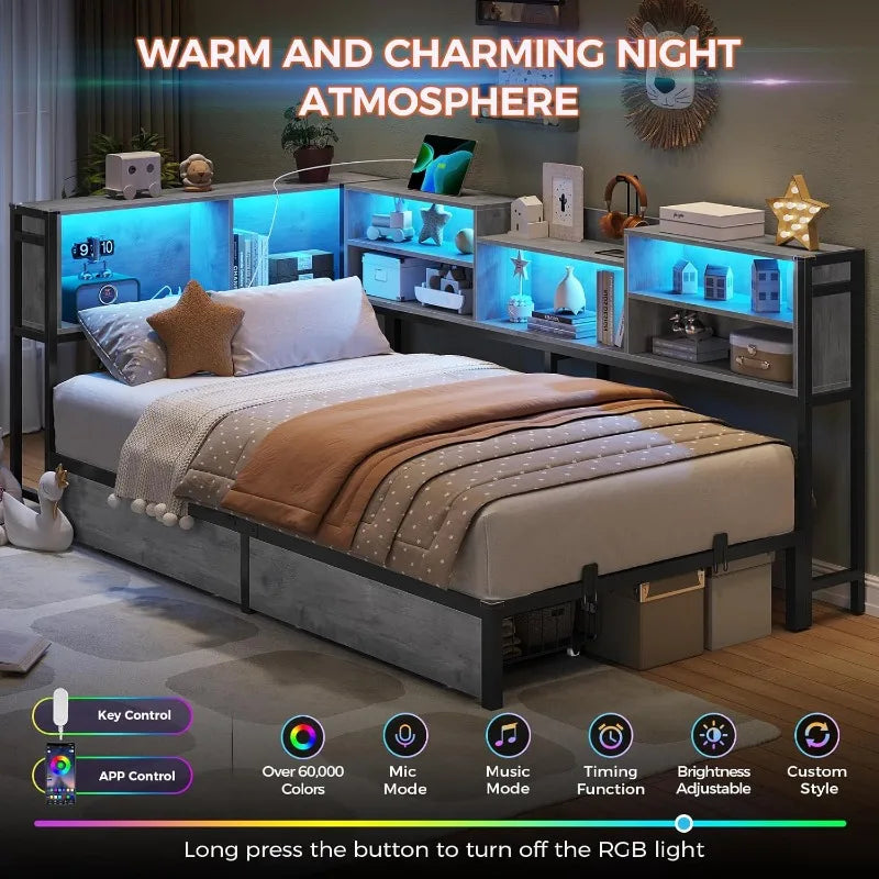 Corner Twin Bed Frame with Bookcase Storage and Led Lights