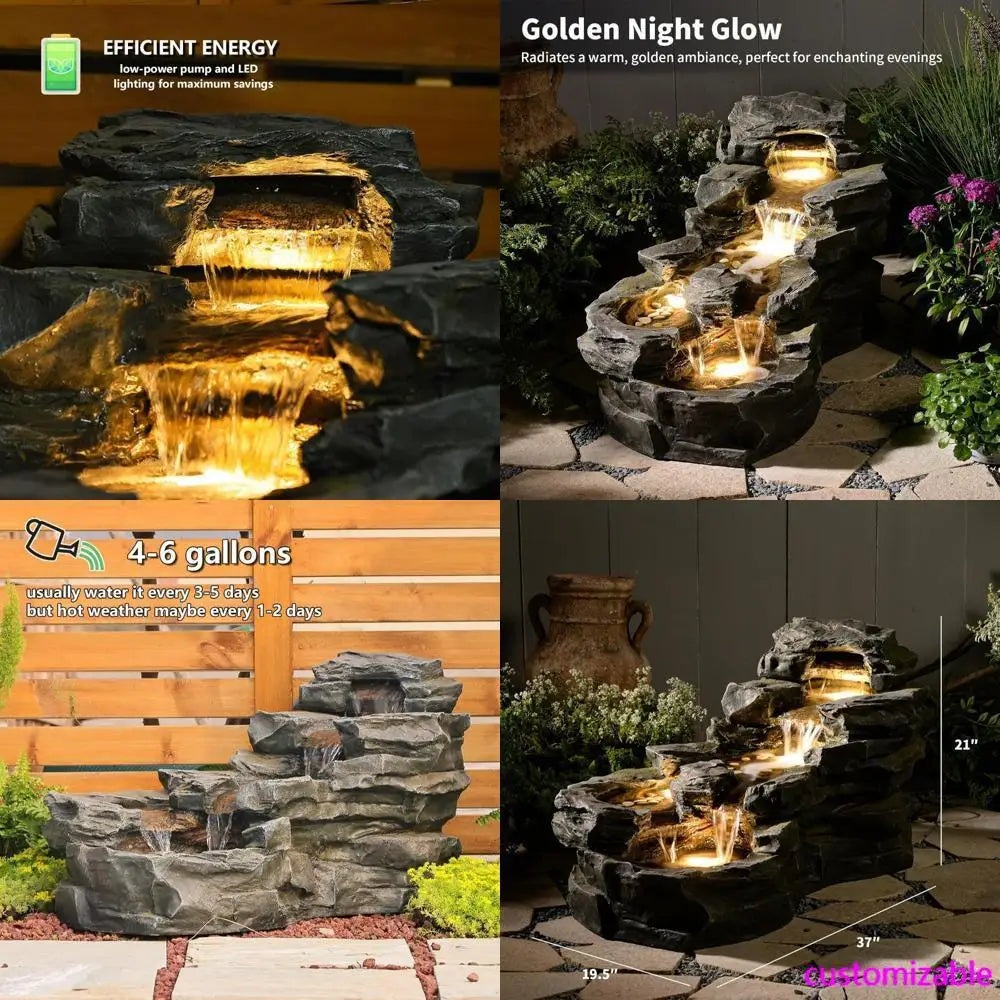 37 Liters Floor Standing 5-Level Rock Waterfall Fountain with LED Lights